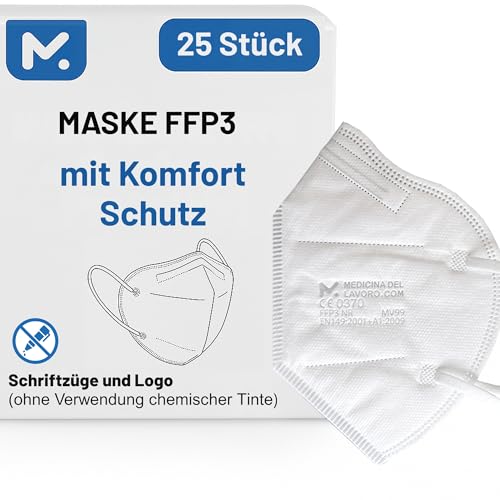 25 FFP3 Mund- und Nasenschutz Maske mit EC Zertifizierung, 5 Lagige Maske ohne Ventil, Staub- und Partikelschutzmaske, medizinische Schutzmaske mit hoher PFE-Filtereffizienz ≥ 99, 25 Atemschutzmaske