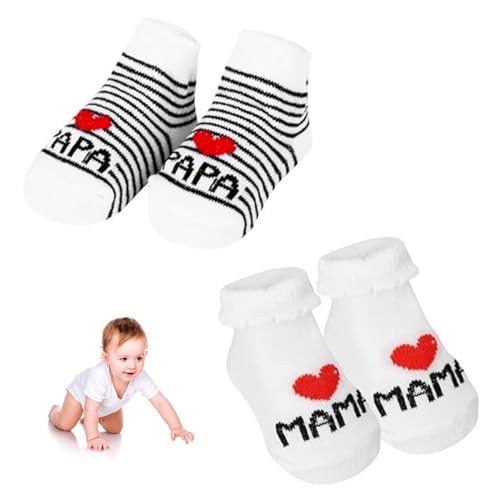 BIVOFU 2 Paar Baby Baumwollsocken Süße Socken, Ich liebe Mama PaPa, Rutschfeste Baumwollsocken, Baby-Geschenk für Werdende Eltern, Baby Born Zubehör, Neugeborene Socken 0-6 Monate