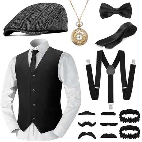 WEARXI 20er Jahre Herren Accessoires, Mafia Karneval Kostüm Herren, Peaky Blinders Kostüm, 20er Jahre Accessoires, Fasching Kostüme Herren Hosenträger Herren Kostüm Set Deko (Schwarz-2, L)