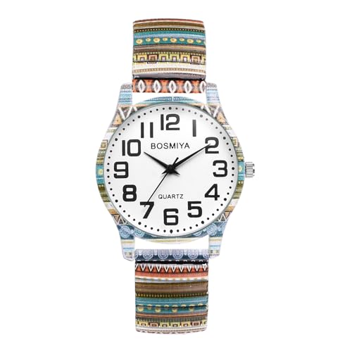 JewelryWe Uhren Damen Elastisch Metallarmband: Vintage Boho Ethno-Stil Analog Quarz Armbanduhr Frauen Lässige Uhr mit Legierung Stretch-Armband und großen Arabischen Zahlen Zifferblatt