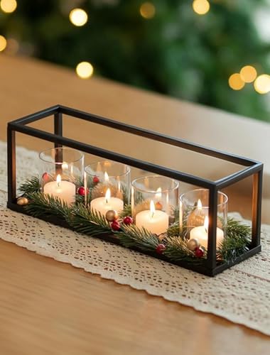 Sziqiqi Adventskranz Teelichter Länglich Metall: Schwarz Adventsgesteck Teelichthalter Weihnachten Kerzenständer für Tischdeko - Adventskranz Modern mit Windlicht Glas für Weihnachtsdeko Advent