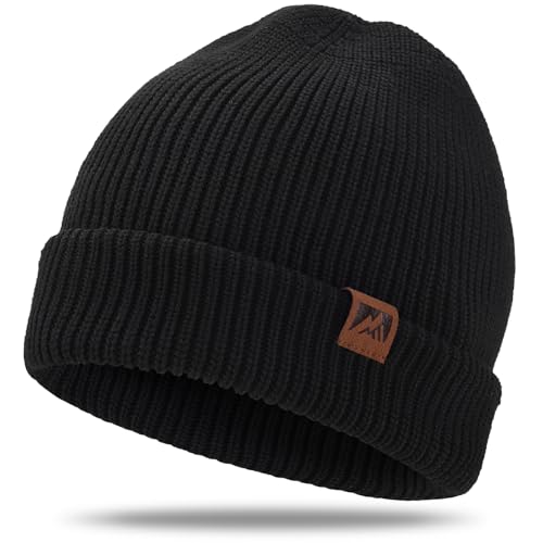 BARFULKER Beanie Mütze Damen Herren, Winter Warm Strickmütze Wintermützen Thermo Laufmützen Dehnbare Weiche Wollmütze mit Bündchen und Dickem Warmem Futter Geschenk Unisex,Schwarz