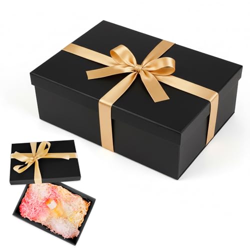 Geschenkbox mit Deckel,25x18x8.5cm Geschenk Box mit Schleife, Falt Karton Geschenkschachtel,Geschenkverpackung für Geburtstag,Hochzeit,Muttertag,Ostern (Schwarz)