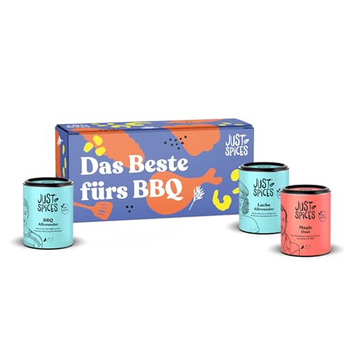 Just Spices Grill Geschenkbox I Geschenkset mit 3 Gewürzdosen I Grill-Marinaden & Rubs für Fleisch, Fisch, Gemüse