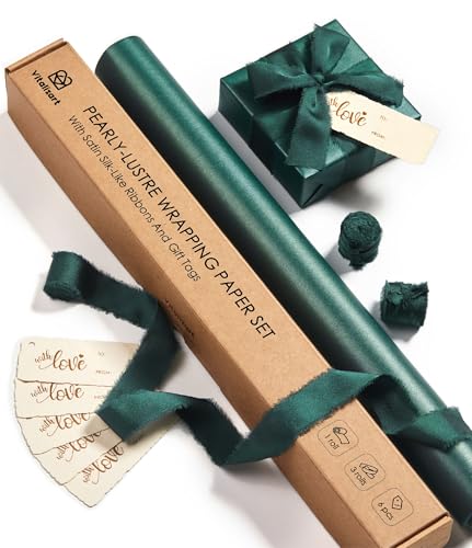 Vitalizart 43cm*5m Dunkelgrünes Geschenkpapier Set, Perlglanz mit Dunkelgrünem Geschenkband & Geschenkanhänger Recycelbar, Geschenkpapierrolle für Weihnachten Geburtstag Hochzeit Geschenk & Handarbeit