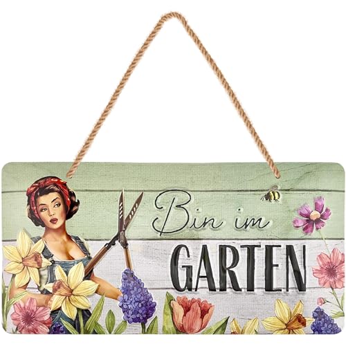LANOLU Retro Blechschild Garten- bin im Garten, Gartenschilder mit Sprüchen, Gartengeschenkidee, Schild Garten Gärtner Geschenke- Gartenregeln retro Deko vintage Metallschild Garten 16x32cm