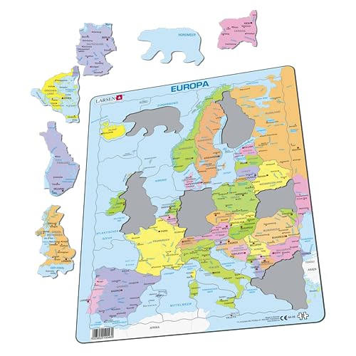 Larsen Puzzle A8 Europa Politische Karte, Alter 4–12, Lernspiel für Kinder, 37 Teile, Länder & Hauptstädte entdecken, stabiles Rahmenpuzzle, Made in Norway