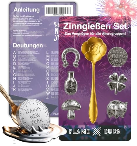 FLAME X BURN Zinngießen Set für Silvester 2026: Zinn zum Gießen ähnlich wie Bleigießen, inklusive Löffel & Orakelbuch mit Deutungen - Partyspiele (1x)