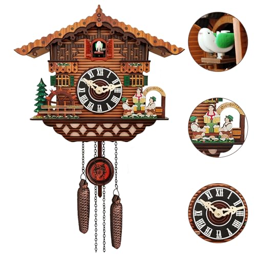YUZINO Kuckucksuhr Handgefertigte Kuckucksuhr aus Holz mit funktionierenden Vogel Wanduhr mit Lautstärkeregler Traditionelle Antik Quarz Wanduhr Wohnzimmer Küche Cafe Büro Dekoration (RC-02)