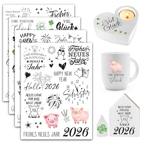 BOFUNX 4 Blätter Rub On Sticker Neujahr Transferaufkleber Folie für Weihnachten Neujahr Silvester Glück Geschenk Deko DIY Handwerk