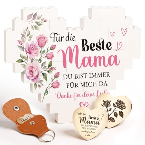 Giftota Geschenk für Mama zum Geburtstag Herzförmige Bausteine und Glücksbringer - Geburtstagsgeschenk für Mama von Tochter Sohn - Geschenke für Mutter zum Geburtstag, Muttertag