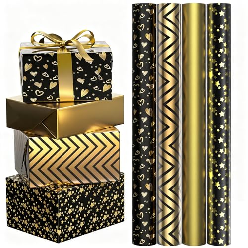 FeinKulturia Geschenkpapier Schwarz Gold 43 x 300cm, 4 Hochwertiges Geschenkpapierrollen Geburtstag Kinder Erwachsene für Weihnachten, Hochzeiten, Valentinstag, Party Geschenkdekoration