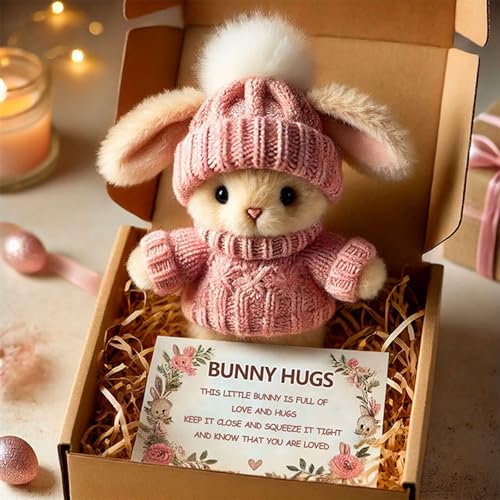 Meokro Mini Bunny Hug Niedliches Ostergeschenk, Plüschhase mit Strickmütze und Bommel, Hase in einer Box umarmt positives Häschen in einer Box, umarmt positiv, weiche Tasche, emotionale Unterstützung