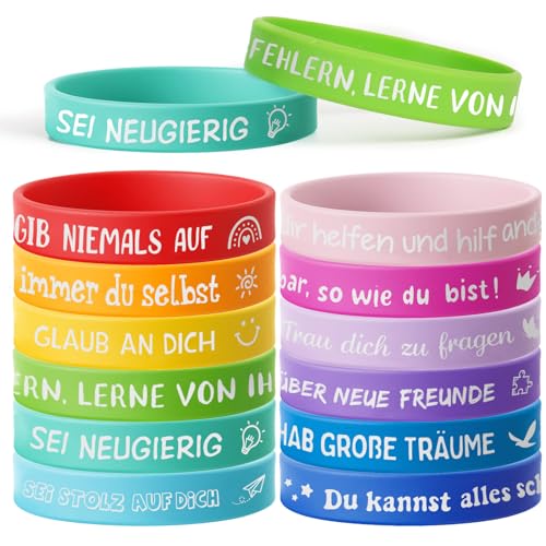 MEJOSER 24 Stück Motivationsarmbänder Kinder auf Deutsch 18cm Silikonarmband Mitgebsel Mitbringsel Kindergeburtstag Mutmacher Geschenk für Einschulung Schulkind Abschiedsgeschenk