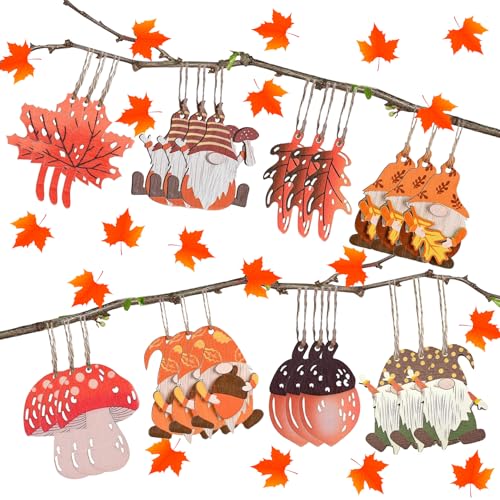 24 Stück Herbstdeko zum AufhäNgen, Holz Zwerg Wichtel Ahornblatt Pilz Fensterhänger, Herbst Dekoration Fenster, Herbstdeko Fenster Hängend, mit Schnur, für Herbst Erntedankfest Halloween Draußen Innen