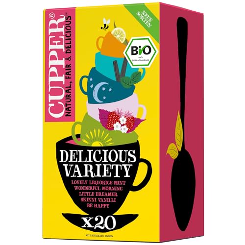 Cupper Bio Tee Set Delicious Variety, 20 verschiedene Sorten Kräutertee und Früchtetee, 20 ungebleichte Teebeutel