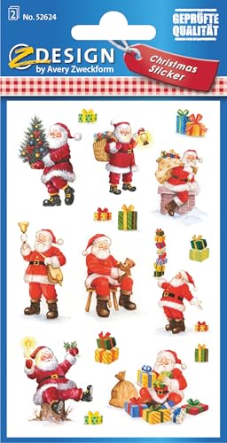 AVERY Zweckform 16 Aufkleber Weihnachten Weihnachtsmann (Made in Germany, glitzernde Weihnachtssticker Papier, Nikolaus, selbstklebende Weihnachtdeko für Karten, Geschenke) 2 Bogen/je 8 Sticker, 52624