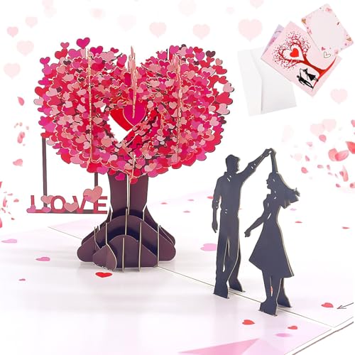 Pop Up Karte Liebesbaum, 3D Valentinstag Glückwunschkarte mit Umschlag, Romantische Geburtstagskarte Hochzeitsgeschenk Verlobungsgeschenk, Hochzeitskarte für Hochzeitstag Geburtstag Jahrestag (Rot)