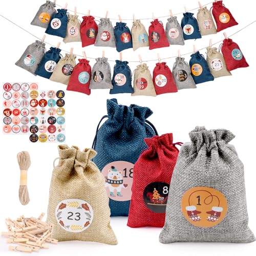 Adventskalender zum Befüllen – 24 Jutesäckchen mit Zahlen-Stickern, Klammern & Schnur – DIY Weihnachtskalender Set zum Selbstbefüllen für Kinder, Frauen & Männer