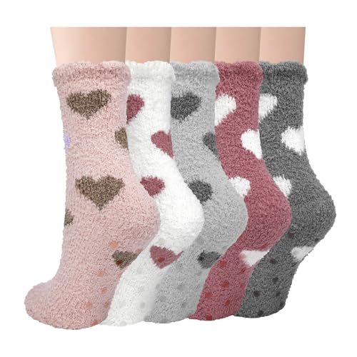 Kotashion Flauschige Hausschuhsocken für Damen und Mädchen, 5 Paar Warme Gemütliche Wintersocken, Rutschfeste Flauschsocken mit Noppen Thermosocken für den Winter Schlafen zu Hause