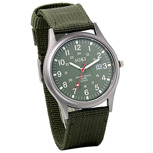 JewelryWe Herren Armbanduhr Kalender LED Licht Canvas Stoff Band Quarz Analog Uhr Grün Vatertagsgeschenk
