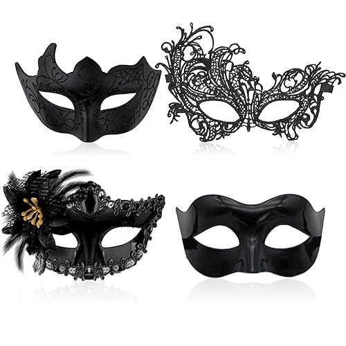 RoadLoo Venezianische Maskerade Maske, 4 Stück für Damen und Herren - Party, Karneval, Halloween, Weihnachten Kostüm - Spitze Masken Set