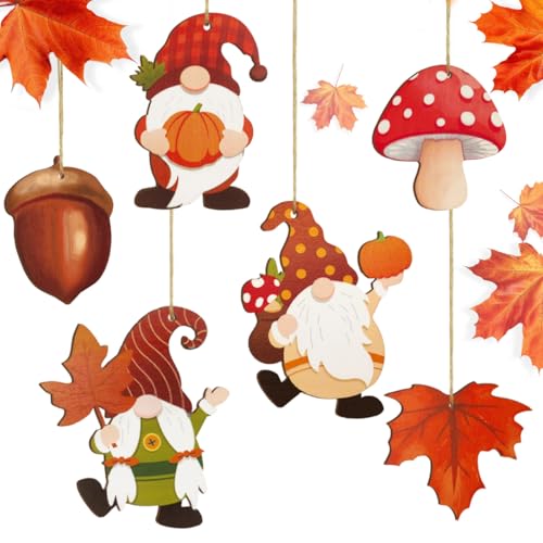 Herbstdeko zum Aufhängen, 12er Holzanhänger Herbst Dekoration – Herbst Wichtel Ahornblatt Eichel Pilz mit Schnur, Herbstdeko Innen Outdoor für Türkranz, Tisch, Fenster & Geschenk Herbstlicher