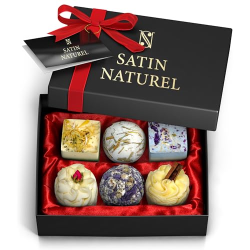Satin Naturel 6 Luxuriöse BIO Set Badebomben Vegan – Wellness Geschenke für Frauen – Premium Badekugeln – Geburtstagsgeschenk für sie – Luxus-Geschenkbox Naturkosmetik