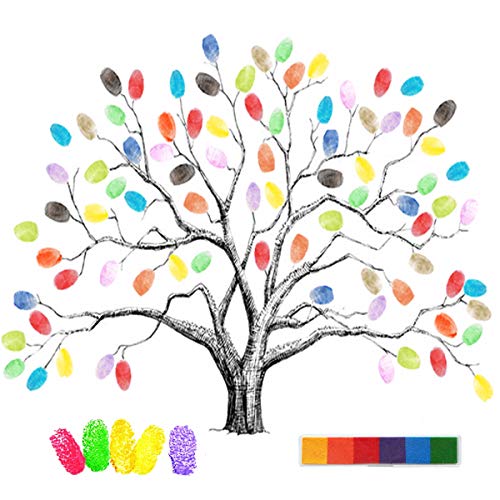 mengger Fingerabdruck Bild Hochzeit, Fingerabdruck Leinwand Hochzeit Personalisiert Fingerabdruck Baum Leinwand Hochzeit für Jahrestag Geburtstag Signature mit 6 Farben Tinte