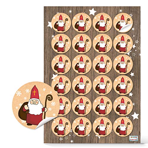 Logbuch-Verlag 24 kleine Nikolaus Aufkleber beige rot weiß - rund 4 cm - Nikolausaufkleber Weihnachtsmann Sticker als Verzierung für Nikolausgeschenke