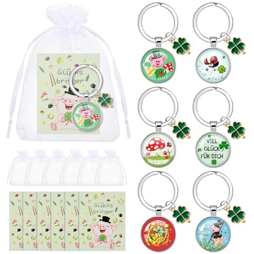 Fantasyon 6er Set Glücksbringer Silvester mit Neujahrskarten, Kleine Schlüsselanhänger Kleeblatt Glücksbringer, Neujahrsglücksbringer 2026, Kleine Geschenke zum Silvester für Frauen Männer Kinder