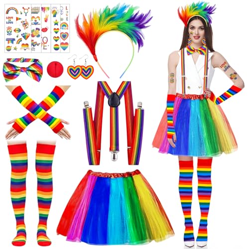 Regenbogen Tüllrock, 9er Regenbogen Kostüm Damen, Karneval Kostüm Damen, Mit Feder Haarreif Riemen Mit Riemen und Clown-Nase etc, für Erwachsene für Karneval, Kostümparty, Mottoparty