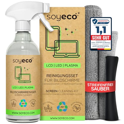 500ml Bildschirmreinigungsspray + 3X Mikrofasertuch: 40x40cm, 30x30cm, | Reinigungsflüssigkeit | Für Smartphone, Laptop, Tablet, TV, LCD/TFT, LED, OLED, Monitore, Uhren | Kein Verschmieren