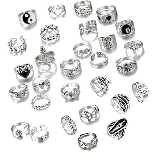 Vimmvid 29 Stück Ringe Set, Y2k Accessoires Dekorieren Emo Accessoires, Ring Set Silber Männer Und Frauen Können Schmuck Tragen, Silver Neue Muster Schädel Blumen Schlangen Usw (Silbrig)