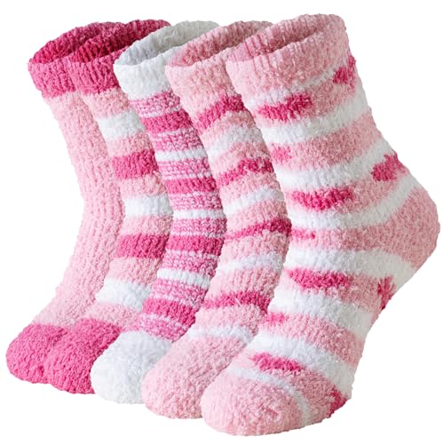 WORPICE 5 Paar Kuschelsocken Damen Dicke Socken aus Flauschige Korallenfleece Winter Warme Weiche Haussocken, Kuschlige Stricksocken, Schlafsocken, Bettsocken - Rosarosa