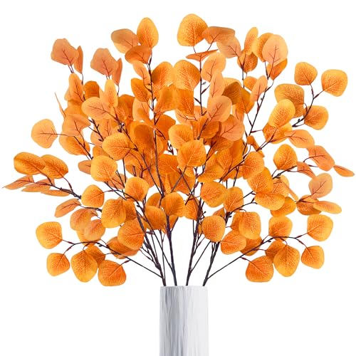 ROLLWAY 4er Eukalyptus Deko Künstliche Herbstblätter Zweige, Kunstblumen Herbst Blumen Herbstblumen Künstlich Blätter, Herbstzweige Herbstlaub Dekozweige Gelb für Herbstdeko Innen Draußen (85CM)
