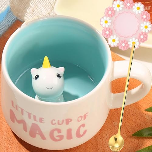 Arawat Einhorn Tasse Geschenk Lustig 3D Tier Teetasse aus Keramik mit Löffel & Untertasse 350ml Kaffeetasse Lustiges Sprüche Süße Tee Kaffee Tasse Geburtstagsgeschenk für Freundin Frau