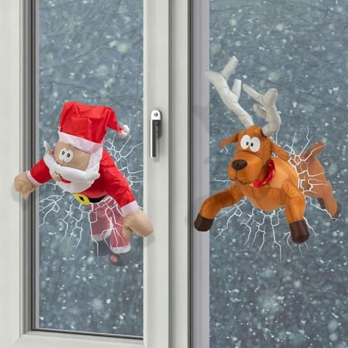 Crashing Santa Reindeer Animated Christmas,Lustige Weihnachtsdekoration, Fensterdekoration mit Glasscherben-Aufkleber und Bein-Strampel-Animation,Weihnachten Geschenk (2pcs)