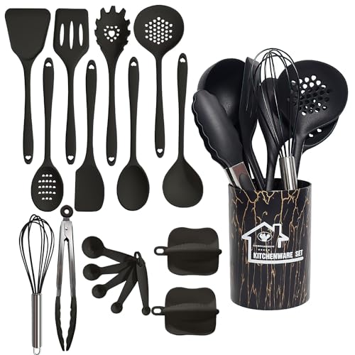 18 Stück Küchenhelfer Set,Silikon Küchenhelfer Set,Kochutensilien Kochbesteck Set mit Non-stick Heat-Resistant Silicone Kitchen Utensils. (schwarz)