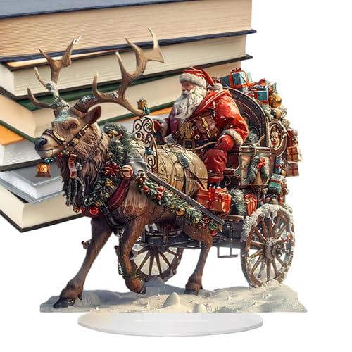 Krmoau Weihnachtsmann-Schlitten-Ren-Figur,Weihnachtsmann im Schlitten-Figur | 2D-Acryl-Winter-Weihnachtsmann-Schlitten mit Rentieren-Figur | Weihnachtliche Winterdekorationsfigur für Zimmer, Kamin,