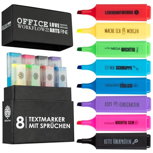 OfficeTree 8 Lustige Textmarker Set in Box - Nette Sprüche - Textmarker mit Sprüchen als Lustige Büroartikel für Studenten, Lehrer, Arbeitskollegen