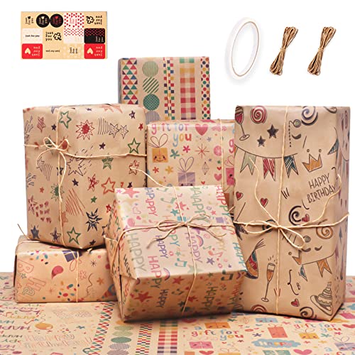yeestone Geburtstags-Geschenkpapier, 6 Stück, Geschenkpapier, recycelbares Geschenkpapier mit doppelseitigem Klebeband und 10 m Strohseil, braunes Geschenkpapier für Männer, Mädchen, Kinder, 70 x 50