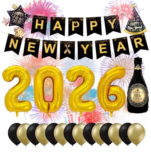 XXL Silvester Deko 2026 Set Neujahrsdeko - Happy New Year Decoration - mit Luftballons, Folienballon Zahlen, Girlande als Dekoration zu Neujahr (Deko Set 02)