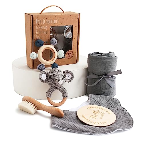 WOODEN TEETHER Baby Geschenk Jungen, Neugeborenen Geschenk zur Geburt Babyparty Geschenk Holz Spielzeuge Greiflinge Badetuch Meilenstein Babydecke Foto Requisten (Elefanten)