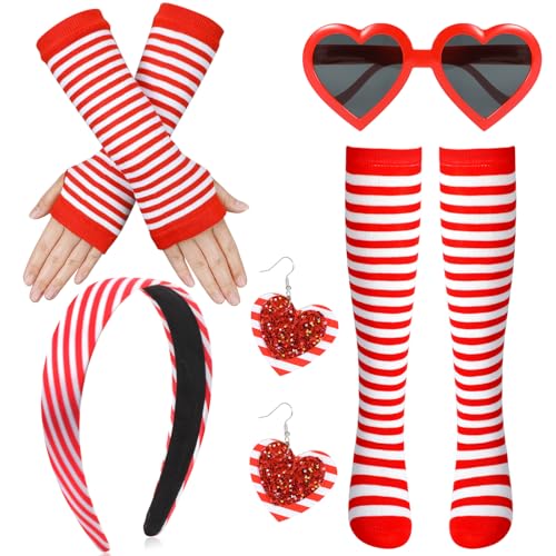 HOWAF Karneval Kostüm Köln - Kölle Haarreif Rot Weiss, Handschuhe, Strümpfe, Herz Brille, Ohrringe für Kölner Karneval Damen - Faschingskostüme