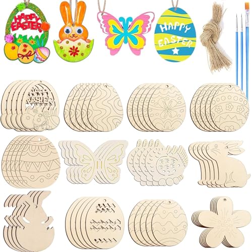 Ostern Basteln Kinder, Osterbasteln mit Kindern, Osterdeko, Ostergeschenke Kinder, Diy Anhänger Ostern, 60 Stück Bastelset, mit Aquarellstift, Deko Schnur