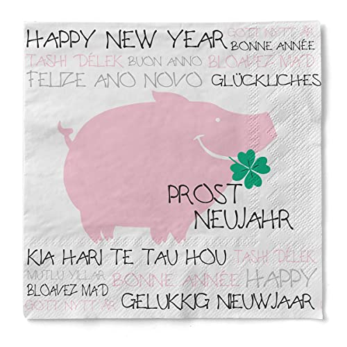 Sovie HOME Serviette Prost Neujahr aus Tissue 3-lagig, Einweg Silvesterserviette, Silvester Happy New Year, Papierserviette 33 x 33 cm, 20 Stück