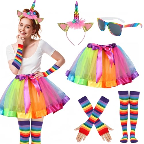 YeahBoom Damen Tüllrock, Regenbogen Rock, Karneval Kostüm, Tüllrock, Buntes Einhorn Stirnband, Regenbogen Kniestrümpfe, Fingerlose Handschuhe, Retro Brille für Karneval, Fasching, Mottoparty