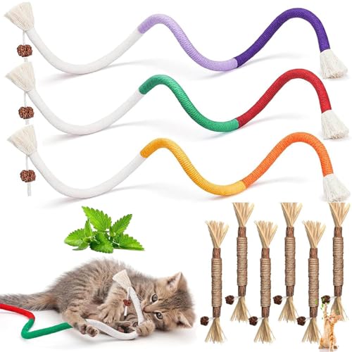 Ptyism 9 Stück Katzen Kauspielzeug（3 Stück Katze Seil Spielzeug and 6 Stück Kausticks für Katzen）Rope Cat Chew Toys丨Rope Cat Chew Toys,Catnip Toys für Katzen Zahnpflege&Gegen Mundgeruch,Gesund Hygiene