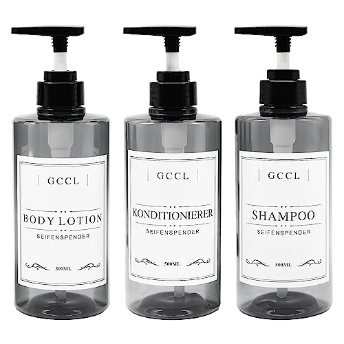 3er Pack Nachfüllbarer Shampoo- und Conditioner-Spender - 500ml Plastik leer Seifenspender für Duschgel, wiederverwendbarer Body Wash Flüssigflaschen-Pumpenspender-Set mit Etiketten für Badezimmer